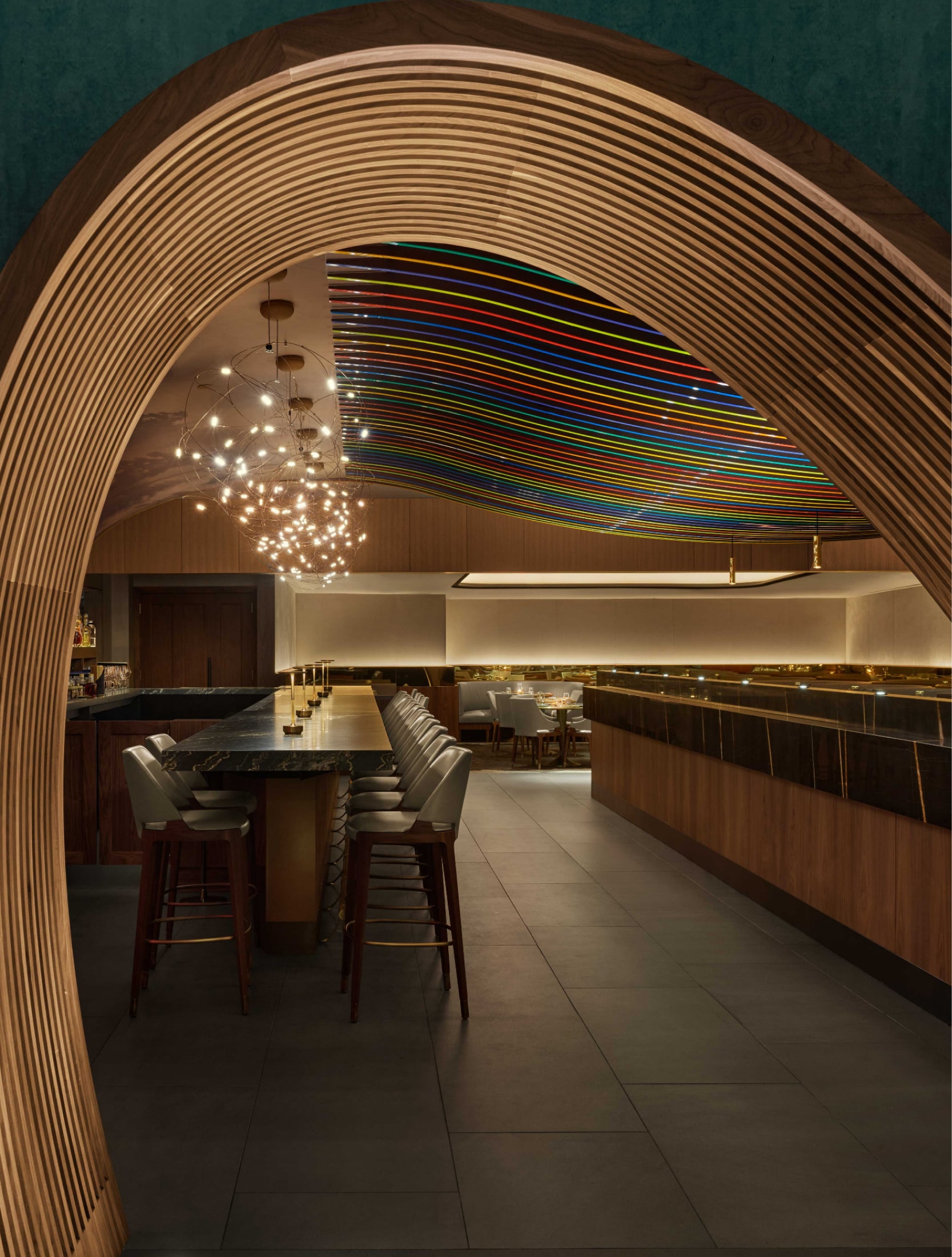 Interior view of the bar and seating area at 53 Restaurant NYC